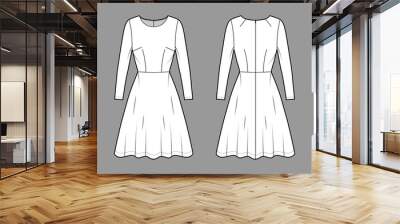 Dress flared skater technical fashion illustration with long sleeves, fitted body, knee length semi-circular skirt. Flat apparel front, back, white color style. Women, men unisex CAD mockup Wall mural