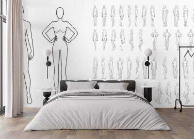 Fashion template of 50 men and women. 9 head size for technical drawing. Gentlemen and lady figure front, side, 3-4 and back view. Vector outline boy and girl for fashion sketching and illustration. Wall mural