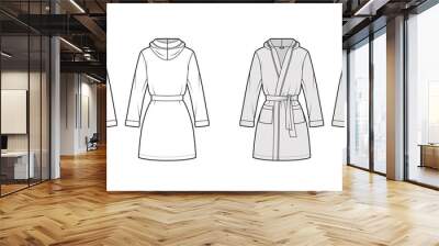 Hooded Bathrobe Dressing gown technical fashion illustration with wrap opening, mini length, tie, pocket, long sleeves. Flat garment front, back, white grey color style. Women, men, unisex CAD mockup Wall mural