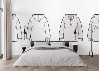 Hoody sweatshirt technical fashion illustration with long sleeves, oversized body, banded cuff, hem. Flat garment apparel template front, back, white, grey color style. Women, men, unisex CAD mockup Wall mural