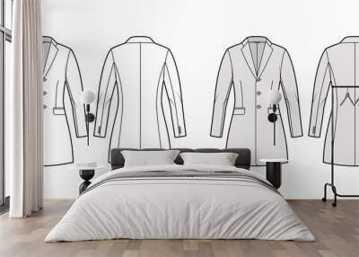 Jacket fitted Blazer structured suit technical fashion illustration with single breasted, long sleeves, flap pockets, fingertip length. Flat coat template front, back, white, grey color. Women men CAD Wall mural