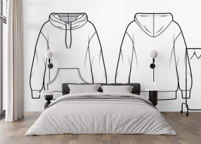 Oversized cotton-fleece hoodie technical fashion illustration with pocket, relaxed fit, long sleeves. Flat outwear jumper apparel template front back white color. Women, men, unisex sweatshirt top CAD Wall mural