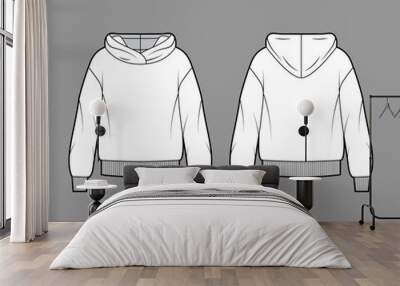 Oversized cotton-fleece hoodie technical fashion illustration with relaxed fit, long sleeves. Flat outwear jumper apparel template front, back white color. Women, men, unisex sweatshirt top CAD mockup Wall mural