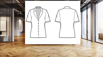 Pajama style blouse technical fashion illustration with retro camp collar, short sleeves, loose fit body. Flat apparel template front, back, white color. Women, men unisex CAD garment designer mockup Wall mural