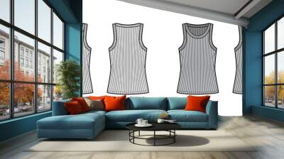 Ribbed cotton-jersey tank technical fashion illustration with wide scoop neck, relax fit knit, tunic length. Flat camisole apparel template front back white grey color. Women men unisex shirt top CAD Wall mural