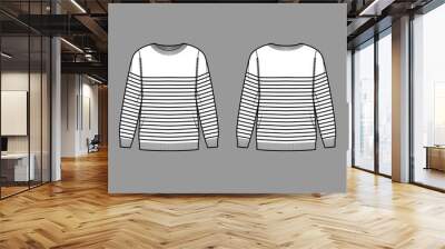 Sailor Sweater Striped Pullover technical fashion illustration with rib crew neck, long sleeves, oversized, hip length, knit cuff. Flat apparel front, back, white color. Women, men unisex CAD mockup Wall mural