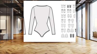 Set of bodysuits technical fashion illustration with fitted knit body, long sleeves, sleeveless, turtleneck. Flat apparel template front, back, grey color style. Women, men, unisex top CAD mockup Wall mural