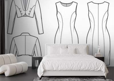 Set of bolero Suit - classic sheath dress, crop jacket technical fashion illustration with two - pieces, single breasted. Flat apparel template front, back, white color. Women, men, unisex CAD mockup Wall mural