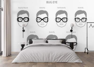 Set of Bug eye frame glasses on men face character fashion accessory illustration. Sunglass front view silhouette style, flat rim spectacles eyeglasses, lens sketch style outline isolated on white Wall mural