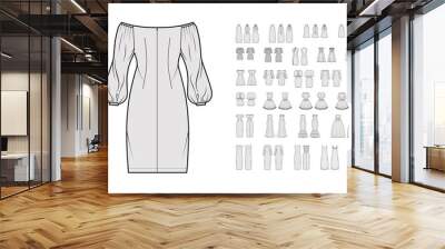 Set of Dresses evening wedding technical fashion illustration with tube off-the-shoulder neckline, knee mini maxi midi length skirt. Flat apparel front, back, grey color style. Women unisex CAD mockup Wall mural