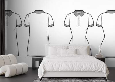 Set of Dresses polo fashion illustration with short sleeves, oversized fitted body, mini length pencil skirt, henley neckline. Flat apparel front, back, white color style. Women, men unisex CAD mockup Wall mural