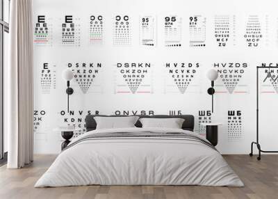 Set of Eye Test Charts medical illustration. Line vector sketch style outline isolated on white background. Vision test board optometrist ophthalmic for visual examination, Checking optical glasses Wall mural