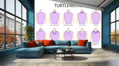 Set of necklines turtlenecks clothes sweaters, tops ribbed, knit, funnel neck technical fashion illustration with fitted body. Flat apparel template front sides. Women, men unisex CAD mockup Wall mural