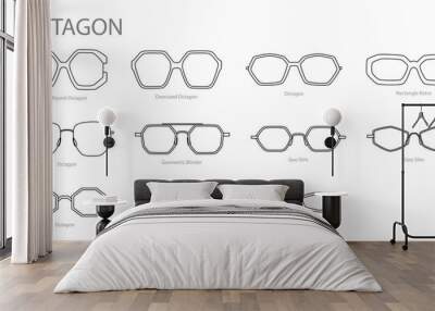 Set of Octagon frame glasses fashion accessory illustration. Sunglass front view for Men, women, unisex silhouette style, flat rim spectacles eyeglasses with lens sketch style outline isolated Wall mural