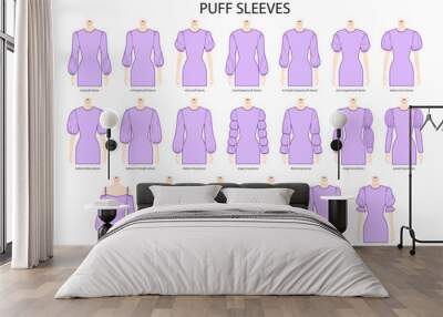 Set of Puff sleeves clothes dropped, baloon, virago, Marie, paned, drawstring technical fashion illustration with fitted body. Flat apparel template front sides. Women, men unisex CAD mockup Wall mural