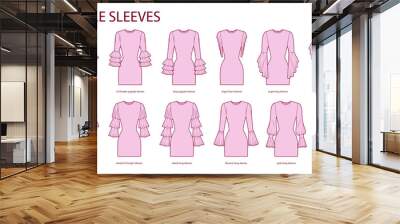 Set of Ruffle sleeves clothes frill, pagoda, tiered, flounce, angel, poet technical fashion illustration with fitted body. Flat apparel template front side. Women, men unisex CAD mockup Wall mural