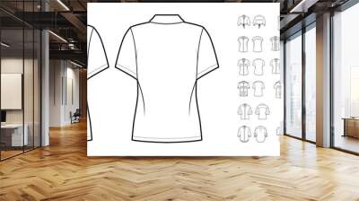 Set of Shirts short sleeves technical fashion illustration with sleeveless, button closure, oversized, fitted. Flat apparel top outwear template front, back, white color. Women, men, unisex CAD mockup Wall mural