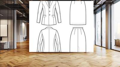 Set of skirt Suit with classic jacket technical fashion illustration with two - piece, single breasted, fitted body. Flat apparel template front, back, white color style. Women, men, unisex CAD mockup Wall mural