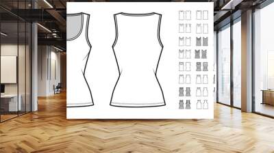 Set of tanks, sleeveless tops, blouses technical fashion illustration with fitted oversized body, scoop neck, short. Flat apparel template front, back, white grey color. Women, men unisex CAD mockup Wall mural