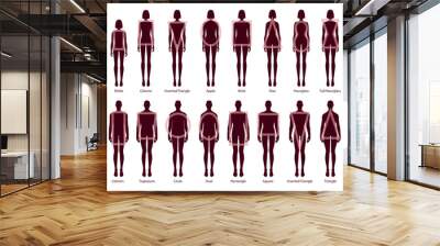 Set of Women Men body shapes silhouette types. Male and Female Vector illustration in cartoon style 9 head size Gentlemen and lady figure view. Vector outline isolated boy and girl for illustration. Wall mural