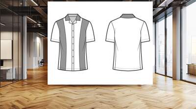 Shirt bowling technical fashion illustration with short sleeves, open collar, tunic length, oversized uniform. Flat apparel top outwear template front, back, white color. Women men unisex CAD mockup Wall mural