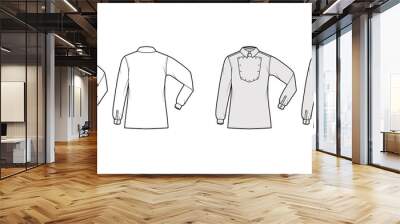 Shirt cavalry Officer technical fashion illustration with bib, elbow fold long sleeves, relax fit, classic collar. Flat wild west style template front, back white grey color. Women men top CAD mockup Wall mural