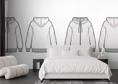 Zip-up oversized cotton-fleece hoodie technical fashion illustration with relaxed fit, long sleeves. Flat jumper apparel template front, back, white, grey color. Women, men, unisex sweatshirt top CAD Wall mural