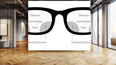 Zones of vision in progressive lenses Fields of view Eye frame glasses diagram fashion accessory medical illustration. Sunglass flat rim spectacles eyeglasses sketch style outline isolated on white Wall mural