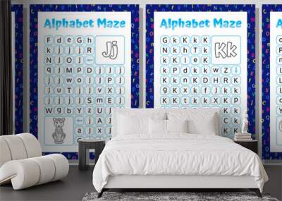 Alphabet Maze Set. Letters I, J, K, L. Educational Puzzle Worksheet.  Vector illustration. Wall mural