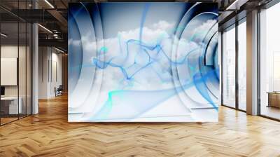 Abstract illustration of blue digital waves over two circular scope scanner against clouds in blue s Wall mural