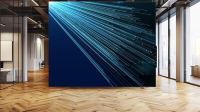 abstract illustration of blue glowing light trails coming through spot of light against blue backgro Wall mural