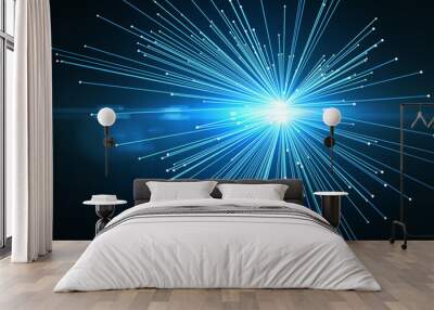 Abstract illustration of blue glowing light trails coming through spots of light against blue backgr Wall mural