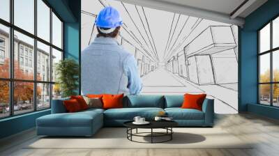 Architect watching board with plans Wall mural