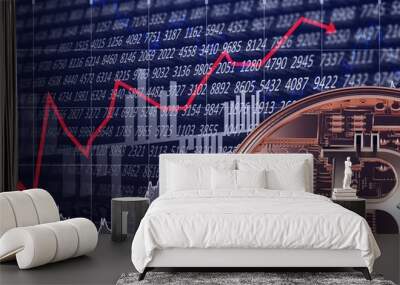 Bitcoin over stock market data and graphs processing, economy and cryptocurrency concepts Wall mural