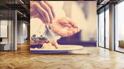 Closeup mid section of a chef putting salt Wall mural