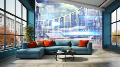 Composite image of blue technology interface with binary code Wall mural