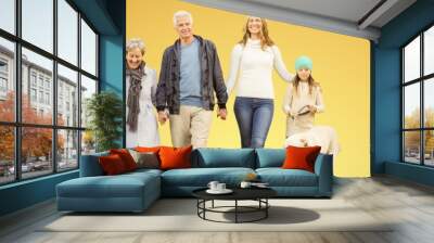 Composite image of happy family walking with their dog Wall mural