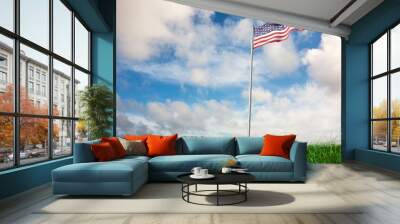 Composite image of low angle view of american flag Wall mural