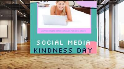 Composite of social media kindness day text and caucasian young woman using laptop and lying on bed Wall mural