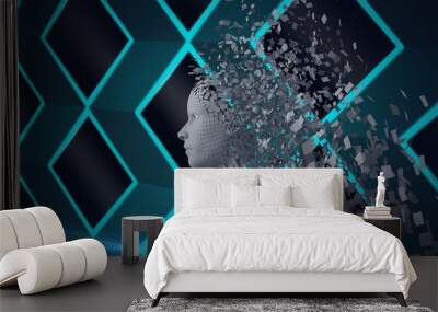 Composition of exploding human bust formed with grey particles and green diamonds in background Wall mural