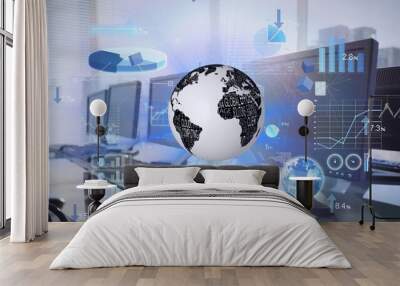 Composition of financial data processing over globe over computer screens Wall mural