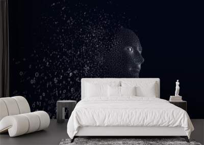 Composition of human bust formed with binary coding exploding on black background Wall mural