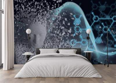 Composition of human bust formed with grey particles and chemical compounds on black background Wall mural