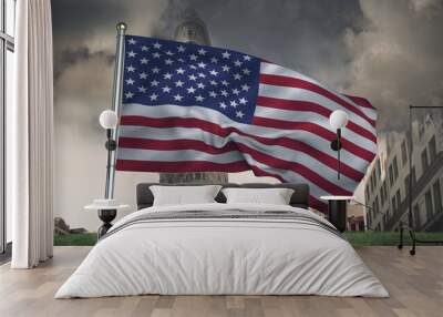 Composition of waving american flag against stormy sky and cityscape Wall mural