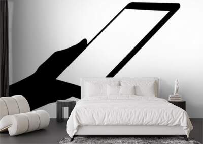 Digital png illustration of silhouette of hand with tablet on transparent background Wall mural