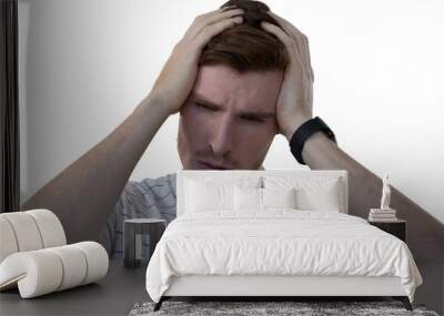 Digital png photo of caucasian man touching his head on transparent background Wall mural