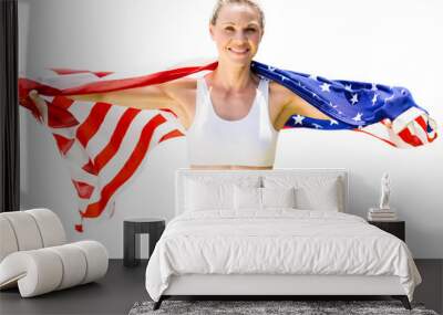 Digital png photo of caucasian sportswoman with flag of united states on transparent background Wall mural