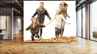 Digital png photo of happy caucasian family running on autumn leaves on transparent background Wall mural