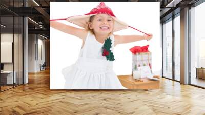 Digital png photo of happy caucasian girl with red hat and cookies on transparent background Wall mural