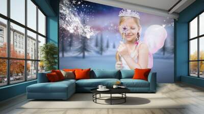 Girl with fairy princess costume and frozen winter forest Wall mural